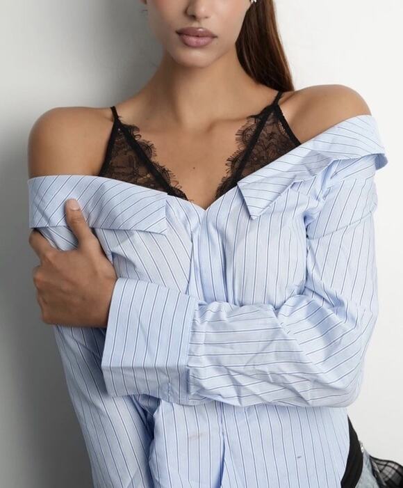 Urban Revivo Tops - Urban Revivo Layered Shirt Size 10 Blue Pinstripe Black Lace Detail Off Shoulder
